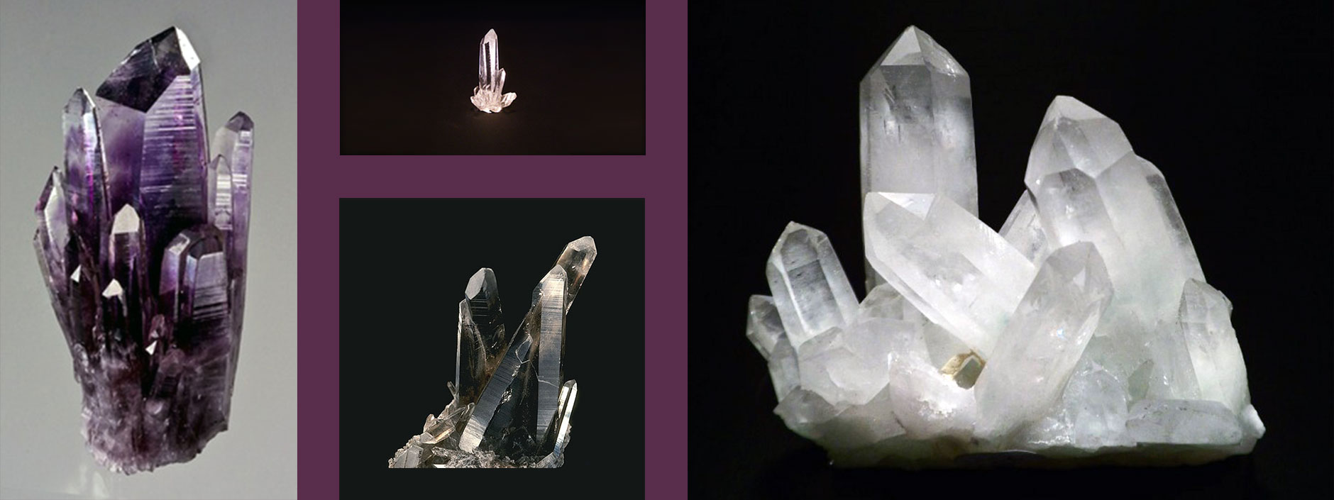 Collage of various quartz crystal clusters.